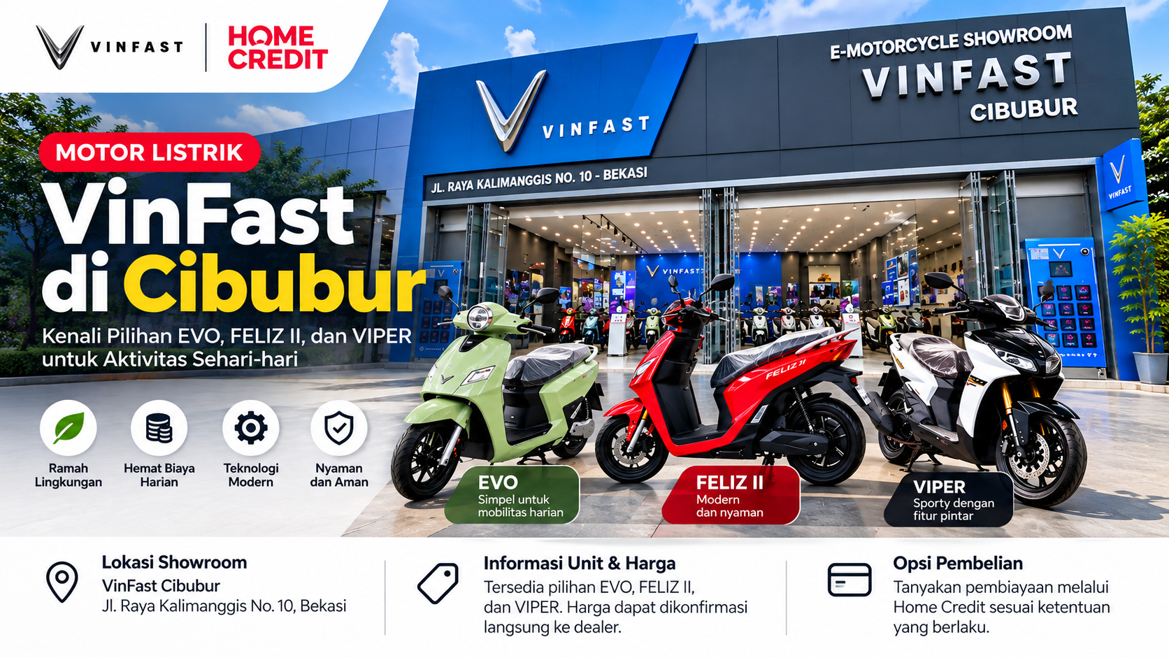 Motor listrik VinFast EVO, FELIZ II, dan VIPER di showroom VinFast Cibubu